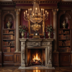 Merlot & Antique Gold dark academia living room decor print featuring a grand historic salon with carved stone fireplace, antique bookcases, and classical architectural details