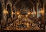 Honey Bronze dark academia home decor print featuring a medieval banquet hall with candlelit tables, stone arches, antique books, and bronze goblets
