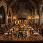 Honey Bronze dark academia home decor print featuring a medieval banquet hall with candlelit tables, stone arches, antique books, and bronze goblets