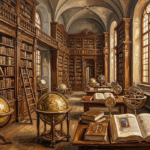 Honey Bronze dark academia home decor print featuring a Renaissance library with towering walnut bookshelves, celestial globes, illuminated manuscripts, and arched windows