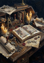 Dark academia wall decor with candlelit manuscripts brass dividers ink bottles and wax seals