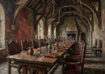 Oxblood & Olive dark academia aesthetic room print featuring a medieval refectory with an oak banquet table, brass candelabras, leather-bound books, and timber beams