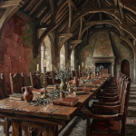 Oxblood & Olive dark academia aesthetic room print featuring a medieval refectory with an oak banquet table, brass candelabras, leather-bound books, and timber beams