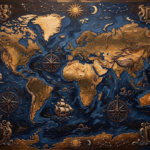 Walnut & Blue framed old world map print featuring antique cartography, compass roses, sailing ships, and decorative navigation details for elegant interiors