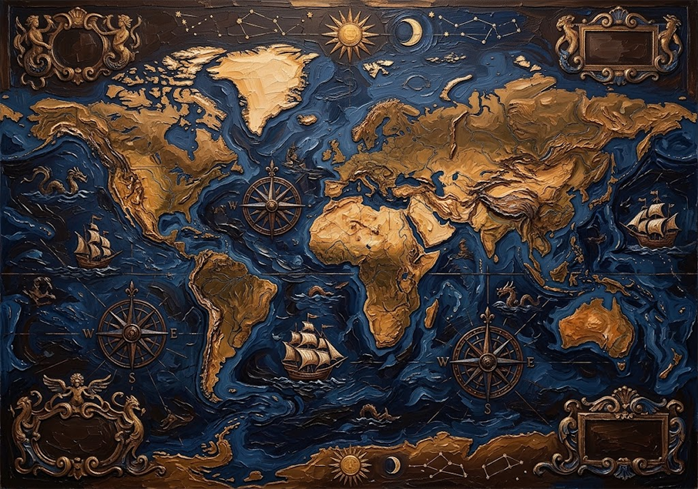 Atlas Legacy Framed Old World Map Walnut & Blue Art Print