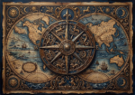 Walnut & Blue framed old world map print featuring an ornate compass rose, antique cartography, and celestial symbols for elegant interiors