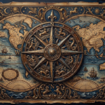 Walnut & Blue framed old world map print featuring an ornate compass rose, antique cartography, and celestial symbols for elegant interiors
