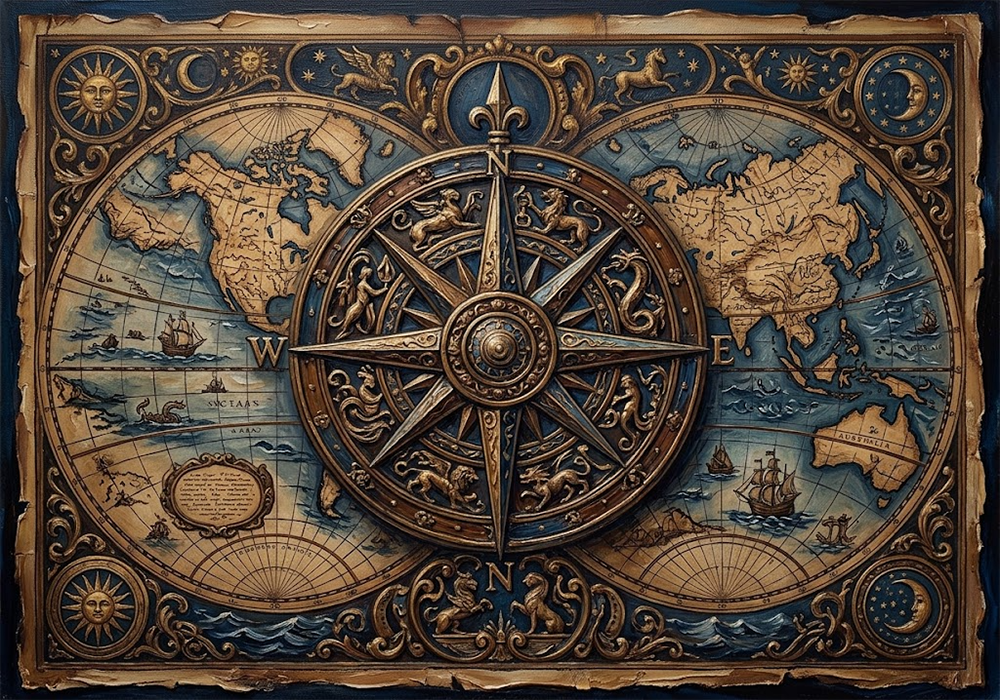 Compass Dominion Framed Old World Map Walnut & Blue Art Print