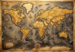 Antique Gold Luxe framed vintage world map print featuring engraved continents, compass roses, sailing vessels, and celestial navigation details for elegant interiors
