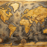 Antique Gold Luxe framed vintage world map print featuring engraved continents, compass roses, sailing vessels, and celestial navigation details for elegant interiors