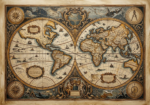 Antique Gold Luxe framed vintage world map print featuring Renaissance hemispheres, celestial constellations, and ornate cartographic details for elegant interiors