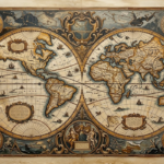 Antique Gold Luxe framed vintage world map print featuring Renaissance hemispheres, celestial constellations, and ornate cartographic details for elegant interiors