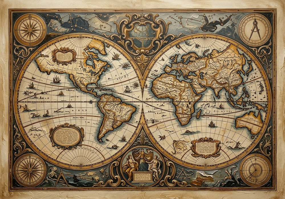 Cartographer Relic Framed Vintage World Map Antique Gold Luxe Art Print