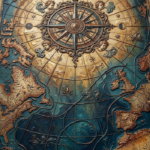 Prussian & Rust old world map wall art print featuring an antique navigation chart, compass rose, celestial symbols, and maritime routes for elegant interiors