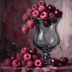 Rose editorial dining room paintings print featuring raspberries, cherries, and a glass vessel in a refined fruit still life composition