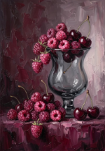 Rose editorial dining room paintings print featuring raspberries, cherries, and a glass vessel in a refined fruit still life composition