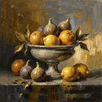 Antique gold large dining room wall art print featuring figs, golden citrus fruits, and a stone vessel in a luxury fruit still life composition