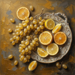 Antique gold large dining room wall art print featuring golden grapes, citrus slices, and a decorative platter in an elegant harvest still life