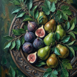 Emerald editorial vintage dining room wall art print featuring figs, pears, and lush green foliage on a carved wooden platter