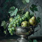 Emerald editorial vintage dining room wall art print featuring green grapes, pears, delicate leaves, and a silver-toned bowl