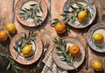 Clay and moss wall art for dining room traditional featuring ceramic plates, olive branches, ripe fruit, and Mediterranean still life details