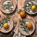 Clay and moss wall art for dining room traditional featuring ceramic plates, olive branches, ripe fruit, and Mediterranean still life details