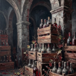 Burgundy rustic dining room wall art featuring an Italian wine cellar, wooden crates, antique bottles, grape leaves, and stone arches