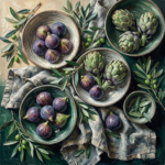 Emerald tuscan dining room wall decor featuring artichokes, figs, olive branches, ceramic bowls, and aged linen still life