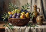 Tobacco and emerald formal dining room art featuring figs, grapes, pears, olive branches, and aged ceramic vessels