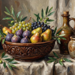 Tobacco and emerald formal dining room art featuring figs, grapes, pears, olive branches, and aged ceramic vessels
