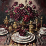 Merlot and antique gold vintage dining room art featuring a baroque banquet with porcelain plates, silverware, roses, and decorative objects