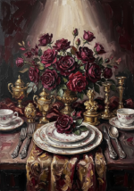 Merlot and antique gold vintage dining room art featuring a baroque banquet with porcelain plates, silverware, roses, and decorative objects