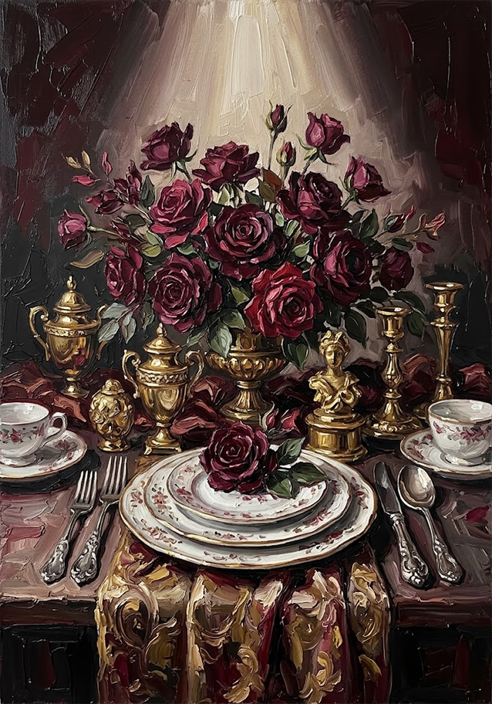 Baroque Feast vintage dining room art Merlot & Antique Gold Art Print