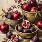 Merlot and Antique Gold vintage dining room art print featuring pomegranates, figs, stoneware bowls, and flowering branches for elegant interiors
