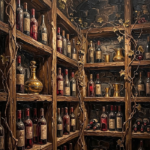 Merlot and Antique Gold vintage dining room art print featuring an Italian wine cellar with antique bottles, brass vessels, and climbing vines