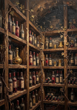 Merlot and Antique Gold vintage dining room art print featuring an Italian wine cellar with antique bottles, brass vessels, and climbing vines