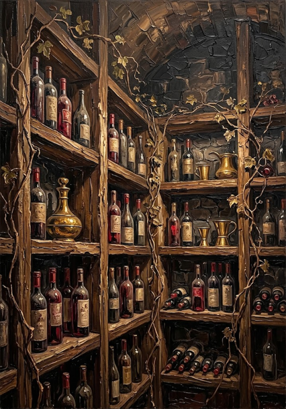 Gilded Cellar Vintage Dining Room Art Merlot & Antique Gold Art Print