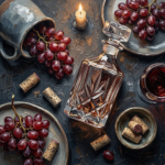 Burgundy wine wall decor for dining room print featuring crystal decanter, red grapes, antique corks, and ceramic vessels for elegant interiors