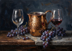Espresso Gallery wine wall art decorating dining room print featuring copper wine vessel, crystal glasses, dark grapes, and antique wood textures for elegant interiors