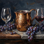 Espresso Gallery wine wall art decorating dining room print featuring copper wine vessel, crystal glasses, dark grapes, and antique wood textures for elegant interiors