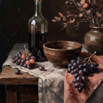 Chocolate and Coral wine and dine wall decor print featuring antique bottle, grapes, ceramic bowl, and botanical branches for elegant interiors
