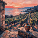 Coral and Navy wall decor above buffet table print featuring seaside vineyard terrace, ceramic wine vessel, vines, and ocean horizon for elegant interiors