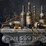 Charcoal and gold art above buffet print featuring antique wine bottles, carved stone pedestal, golden accents, and dried vineyard branches for elegant interiors
