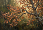 Clay and moss rustic dining room wall decor print featuring a sweeping orchard branch with copper-toned leaves and seasonal fruit under warm sunset light