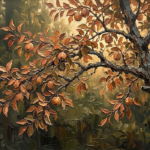 Clay and moss rustic dining room wall decor print featuring a sweeping orchard branch with copper-toned leaves and seasonal fruit under warm sunset light