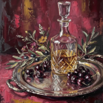 Merlot and antique gold french country dining room wall decor print featuring an antique silver tray with a glass decanter, dark cherries, and botanical accents