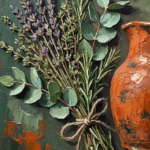 Eucalyptus and clay farmhouse dining room wall art print featuring a rustic herb bundle beside an aged clay pitcher with fresh eucalyptus leaves