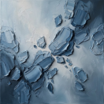 Dusty Blue Gallery abstract dining room wall art featuring layered blue stone-inspired fragments on a soft mineral background for elegant interiors