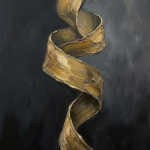 Antique Gold Luxe minimalist dining room wall art featuring a sculptural gold ribbon against layered charcoal and stone-gray abstract textures for elegant interiors