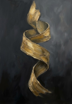 Antique Gold Luxe minimalist dining room wall art featuring a sculptural gold ribbon against layered charcoal and stone-gray abstract textures for elegant interiors
